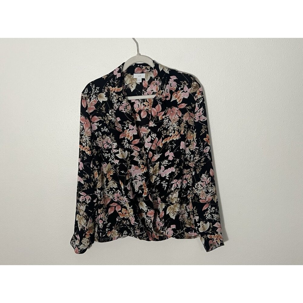 J. Jill Faux Wrap Blouse Top Black Pink Floral Size Large